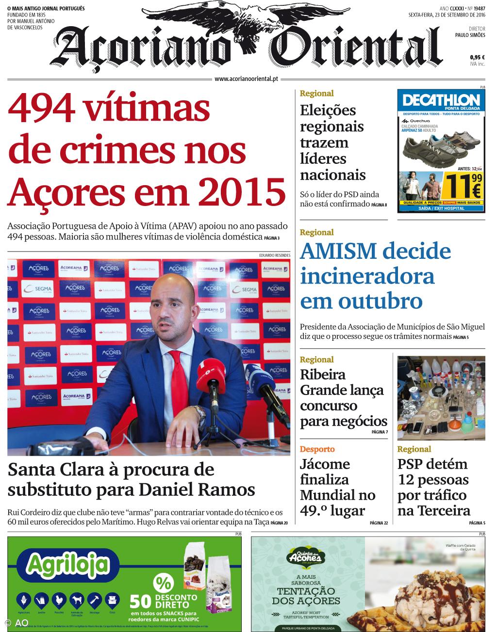 "494 vítimas de crimes nos Açores em 2015" é a manchete do Açoriano Oriental – Imagem 1