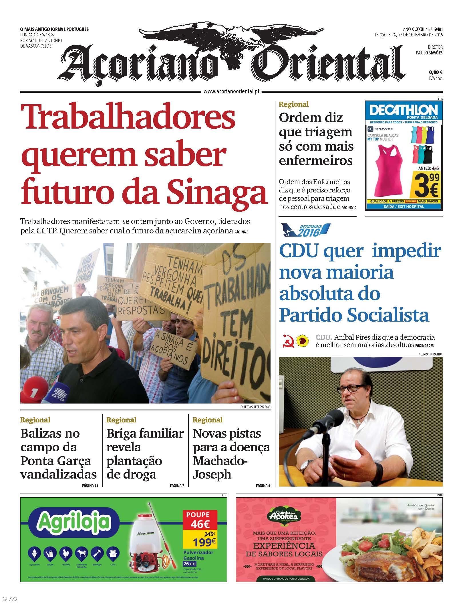 "Trabalhadores querem saber futuro da Sinaga" é a manchete do Açoriano Oriental – Imagem 1