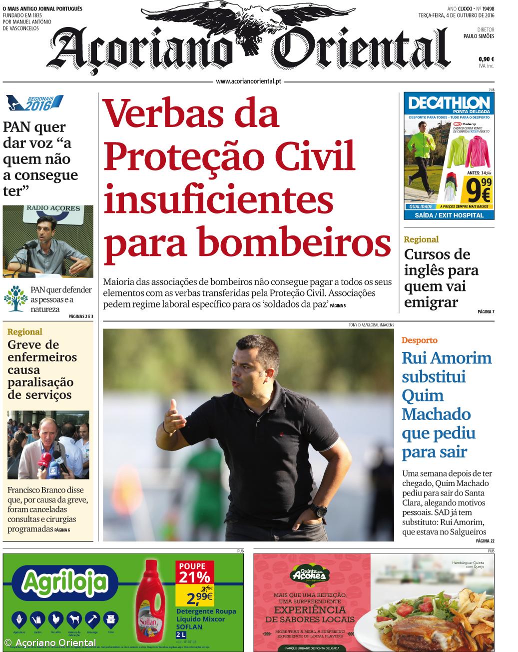 "Verbas da Proteção Civil insuficientes para bombeiros" é a manchete do Açoriano Oriental – Imagem 1