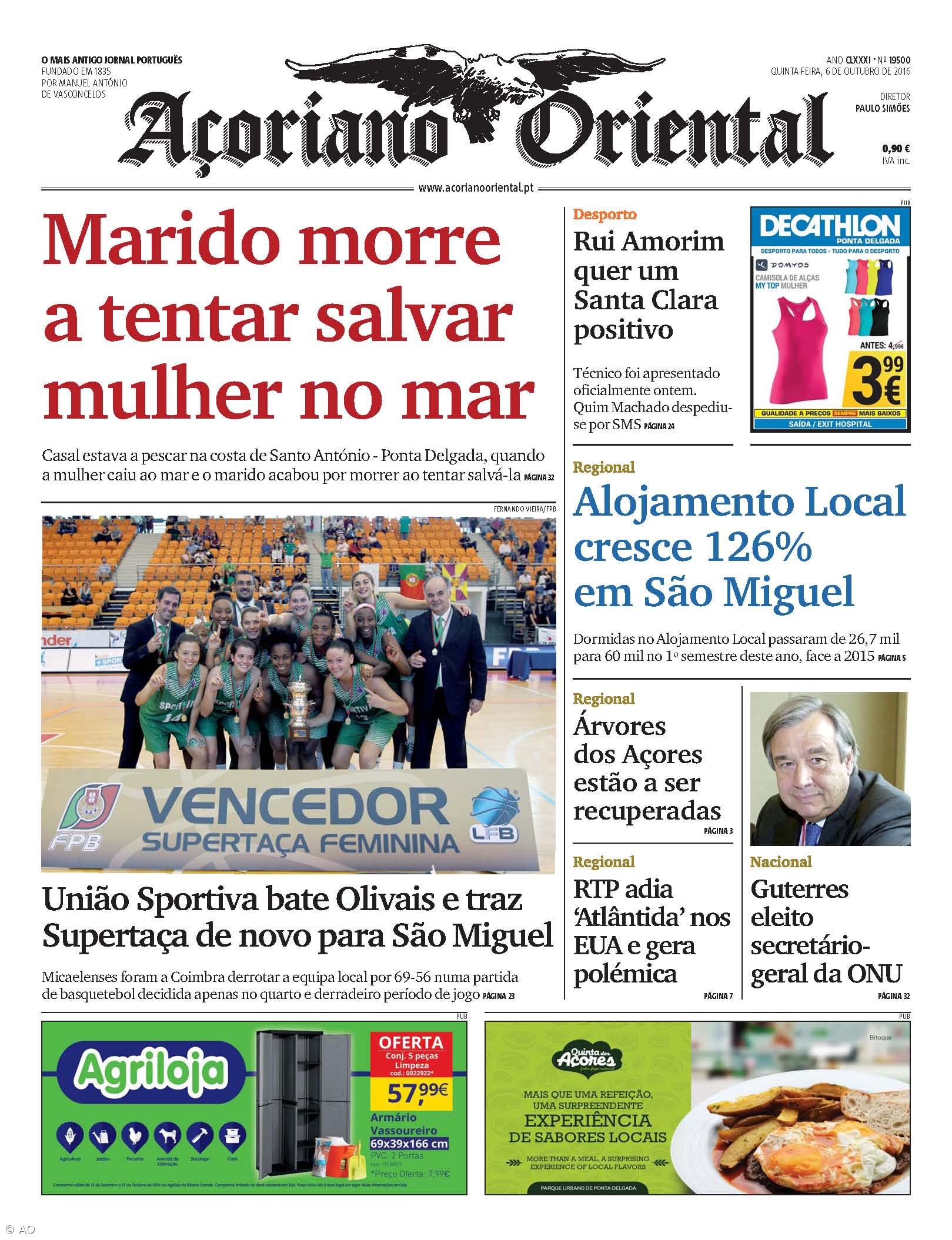 "Marido morre a tentar salvar mulher no mar" é a manchete do Açoriano Oriental – Imagem 1