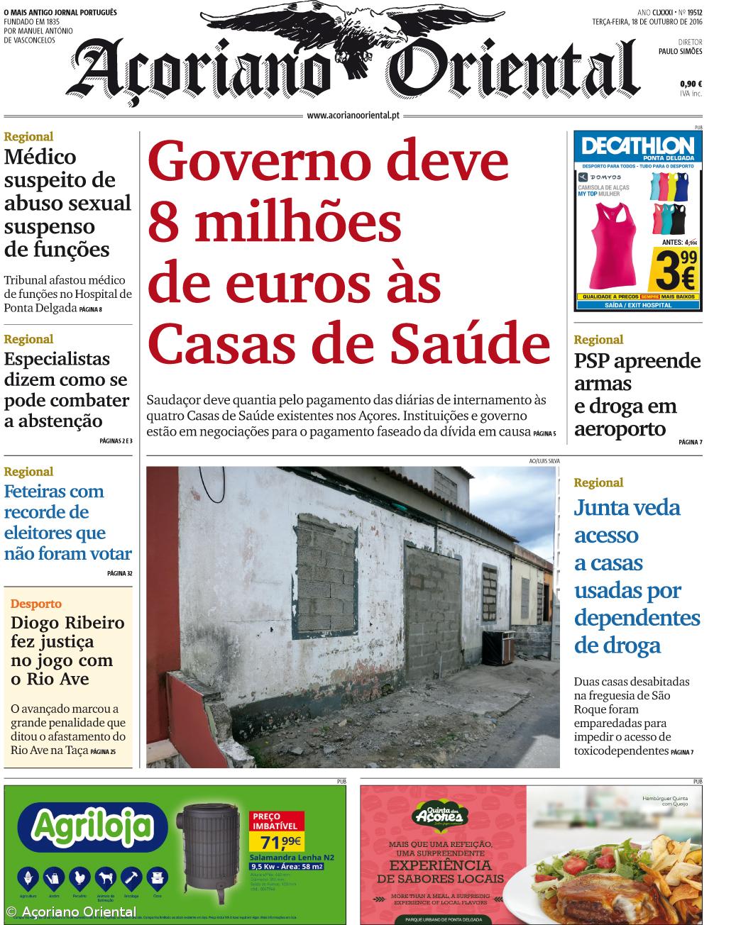 "Governo deve 8 milhões de euros às Casas de Saúde" é a manchete do Açoriano Oriental – Imagem 1