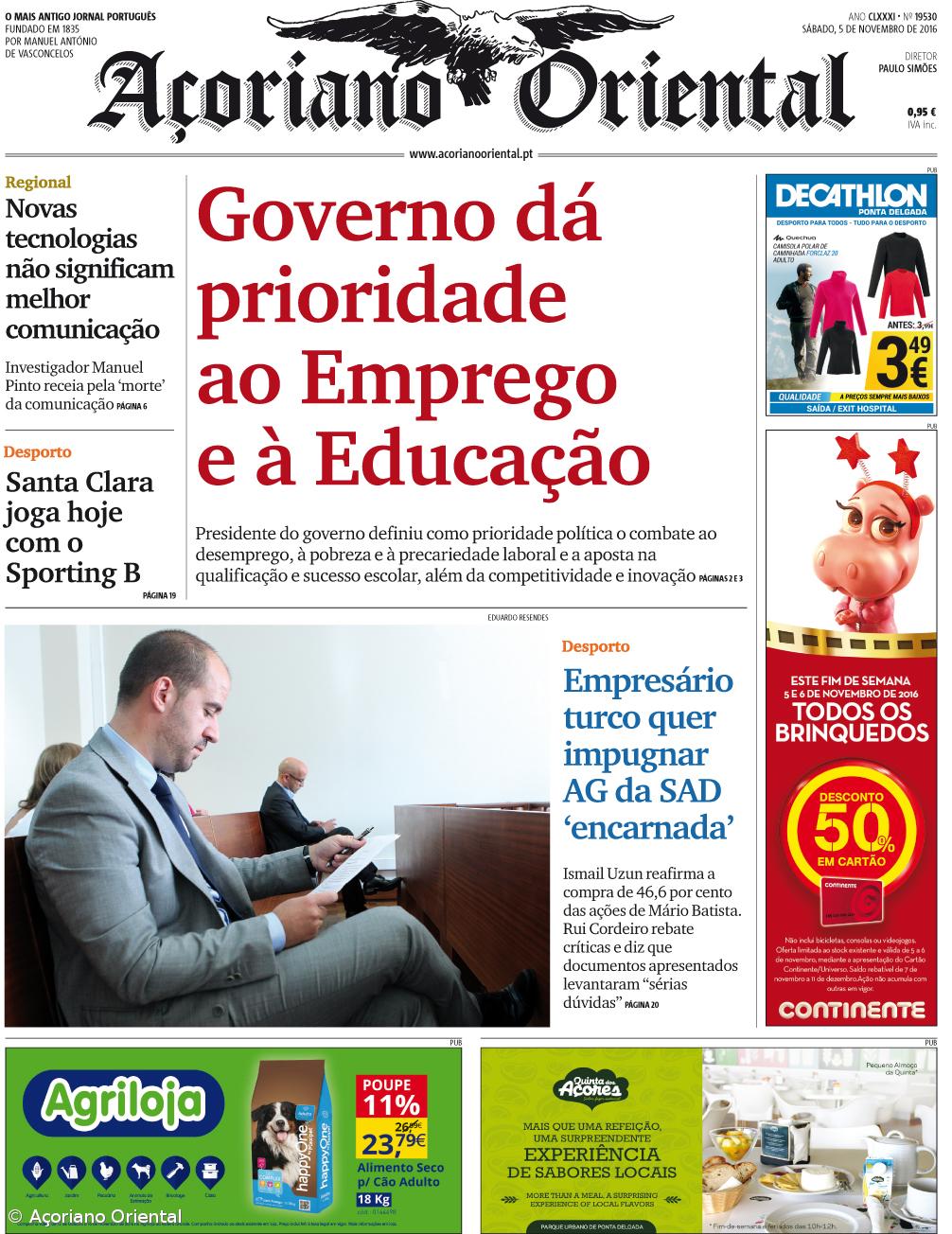 "Governo dá prioridade ao Emprego e à Educação" é a manchete do Açoriano Oriental – Imagem 1