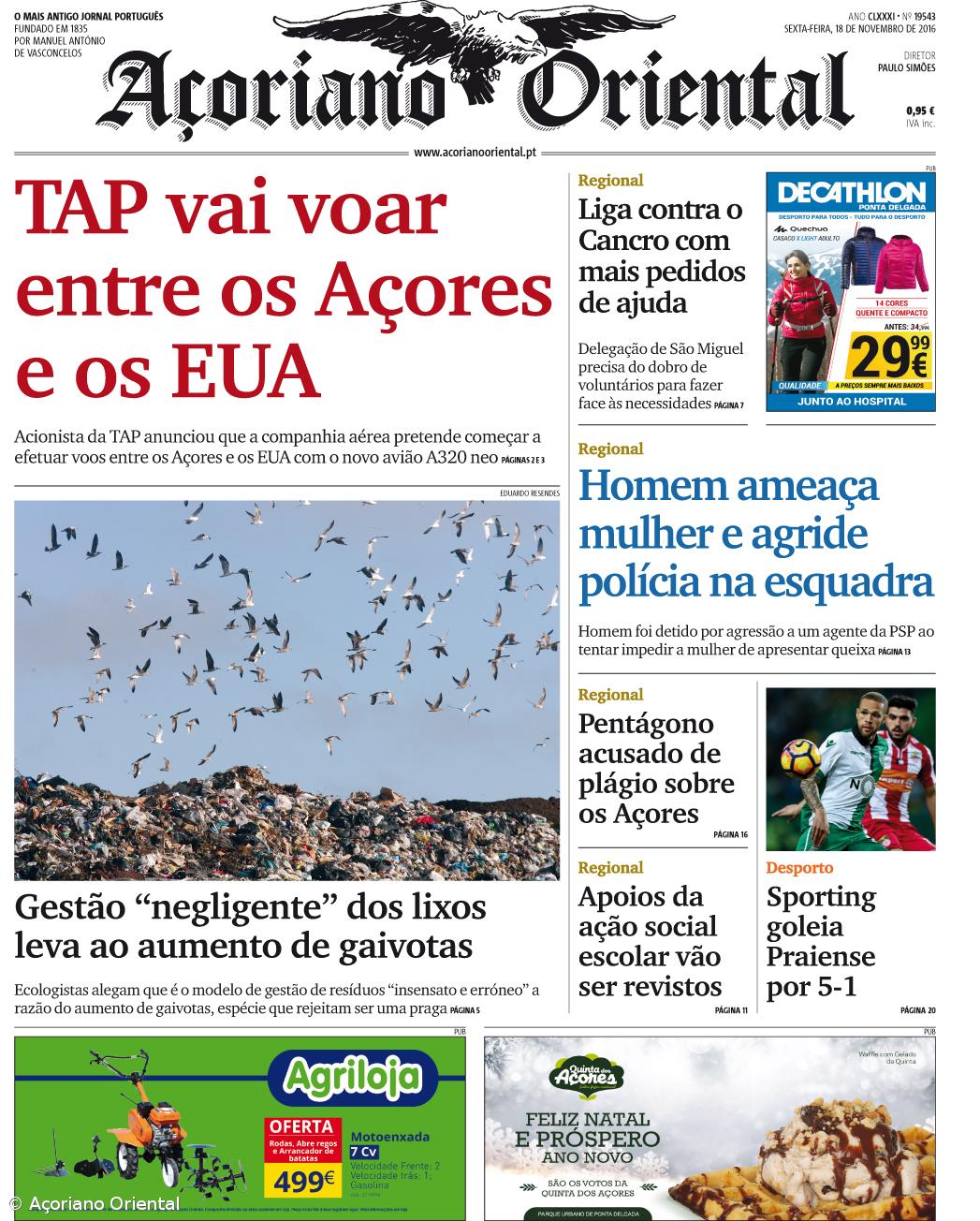 "TAP vai voar entre os Açores e os EUA" é a manchete do Açoriano Oriental  – Imagem 1