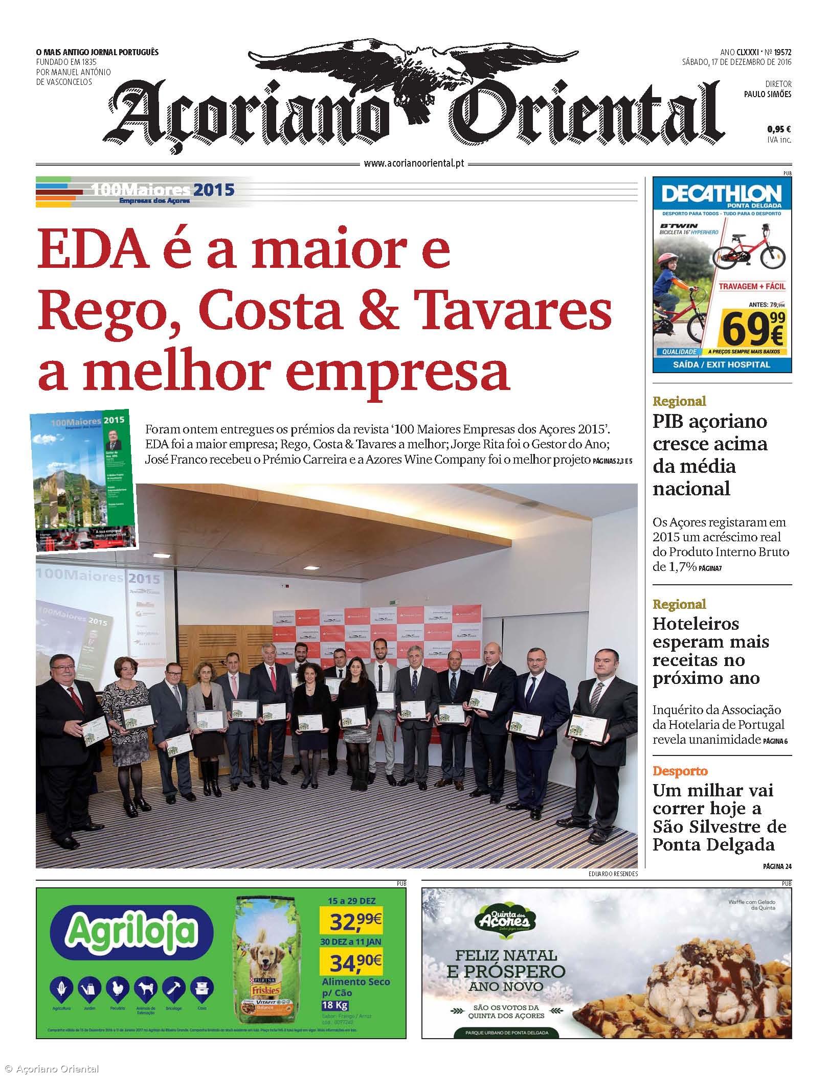 "EDA é a maior e Rego, Costa & Tavares a melhor empresa" é a manchete do Açoriano Oriental – Imagem 1