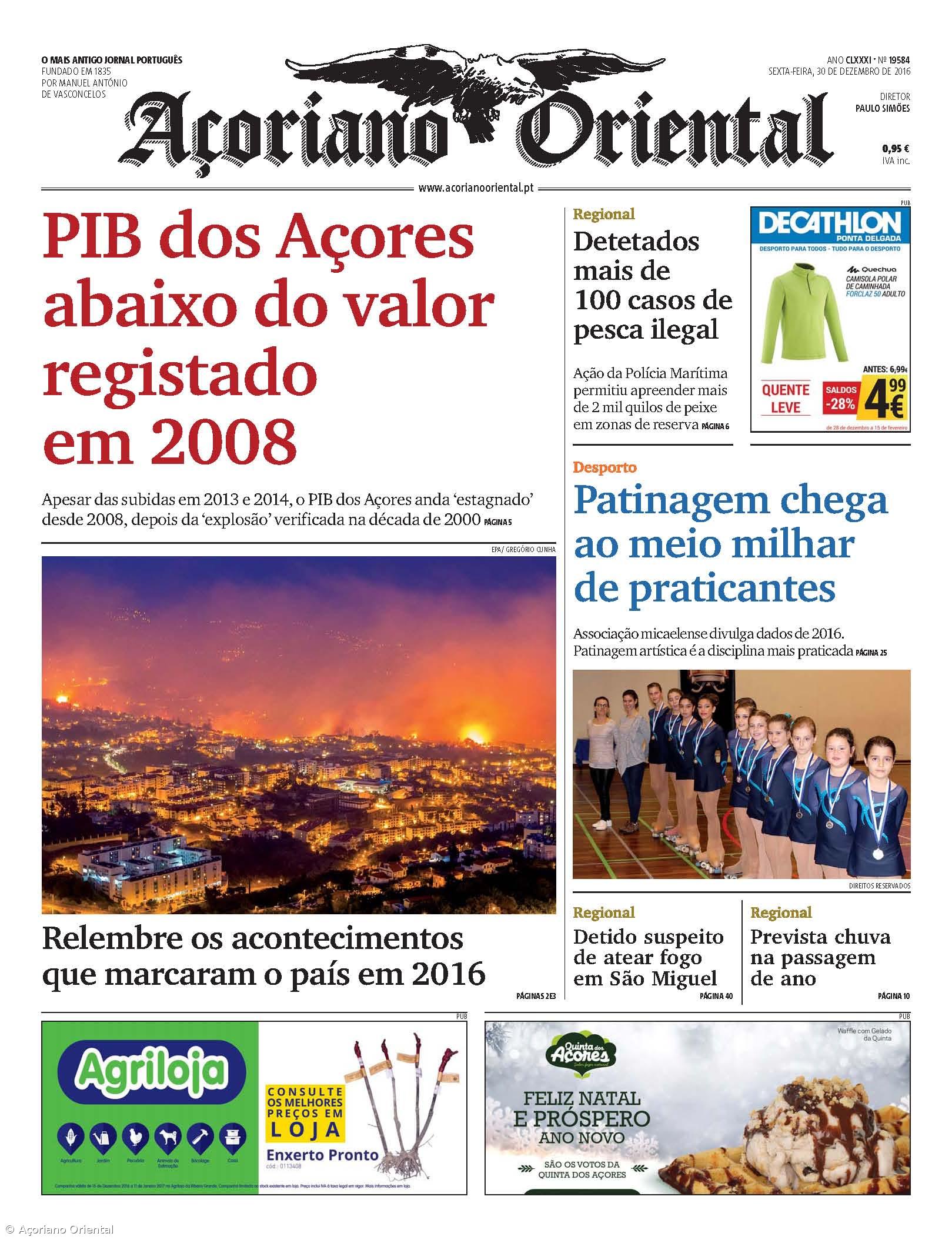 "PIB dos Açores abaixo do valor registado em 2008" é a manchete do Açoriano Oriental  – Imagem 1