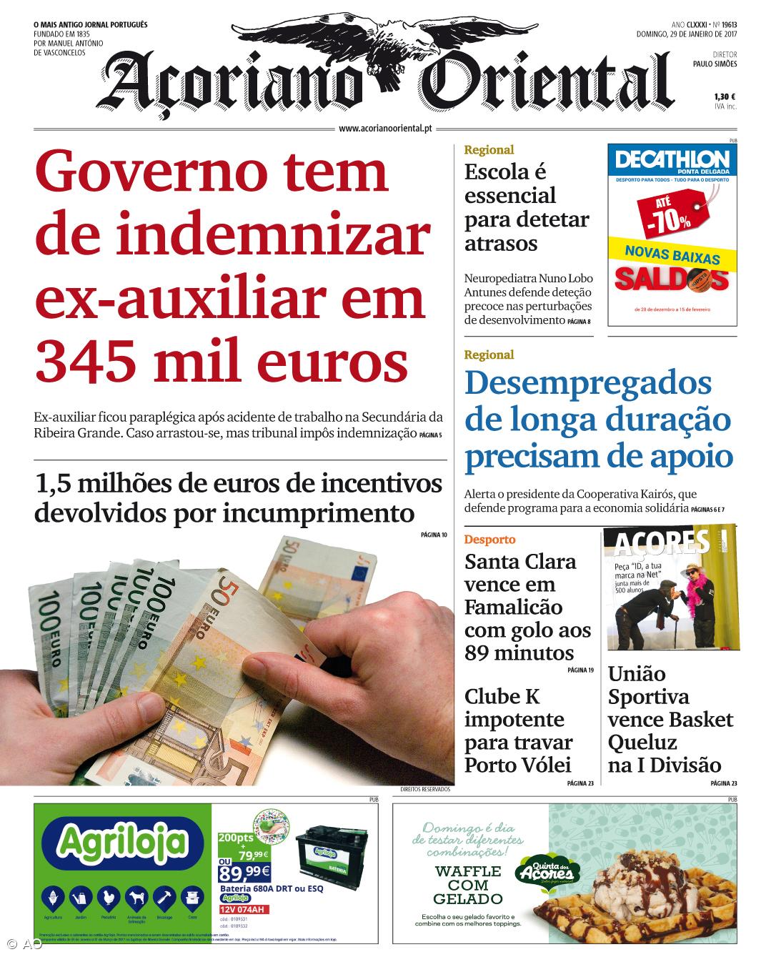 "Governo tem de indemnizar ex-auxiliar em 345 mil euros" é a manchete do Açoriano Oriental – Imagem 1