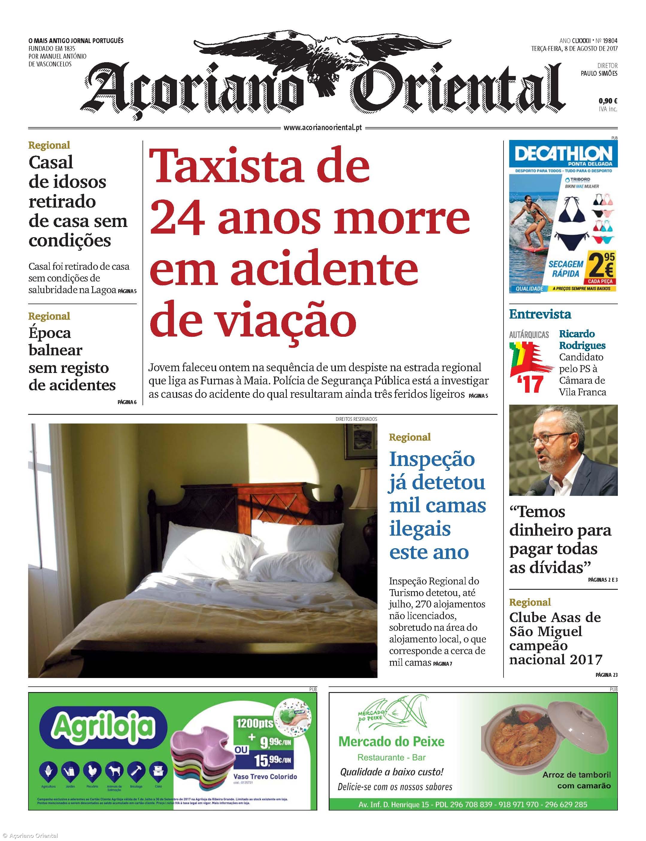 "Taxista de 24 anos morre em acidente de viação" é a manchete do Açoriano Oriental – Imagem 1