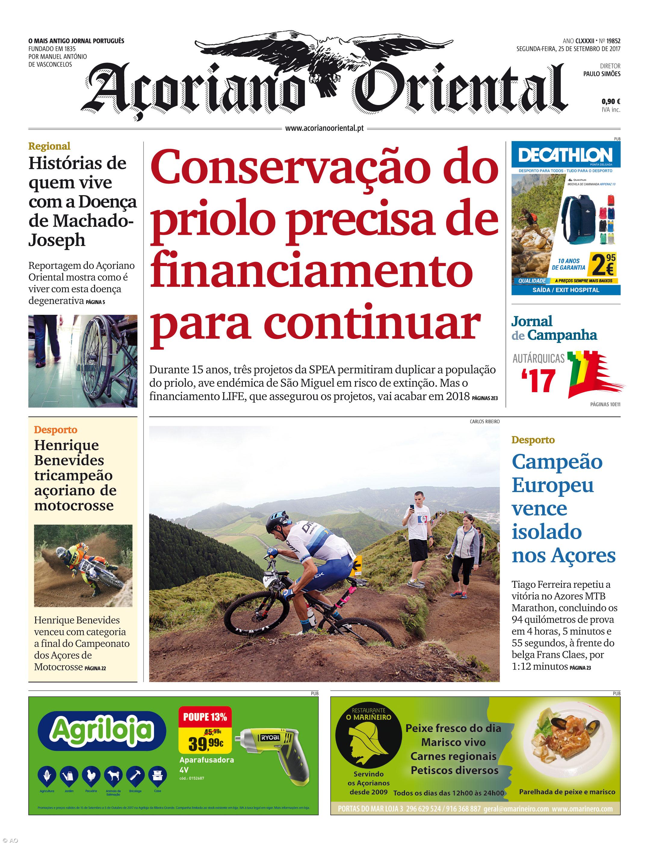 "Conservação do priolo precisa de financiamento para continuar" é a manchete do Açoriano Oriental – Imagem 1