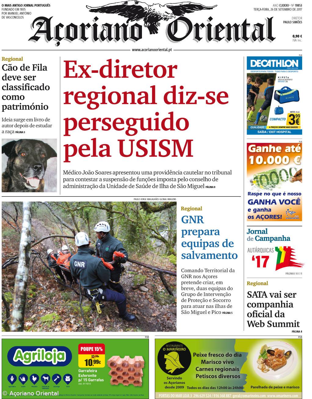 "Ex-diretor regional diz-se perseguido pela USISM" é a manchete do Açoriano Oriental  – Imagem 1