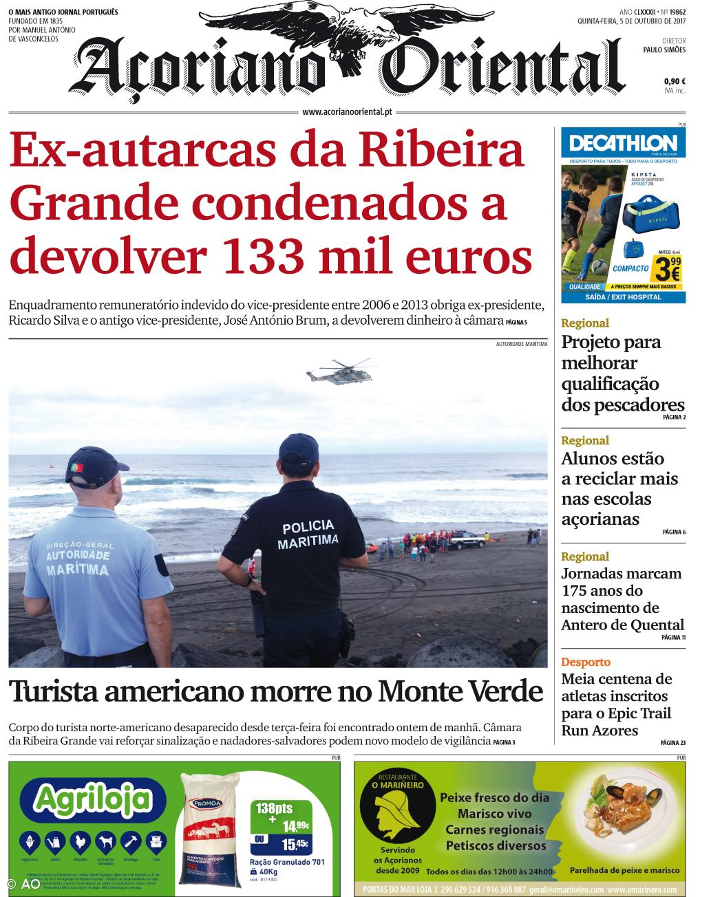 "Ex-autarcas da Ribeira Grande condenados a devolver 133 mil euros" é a manchete do Açoriano Oriental – Imagem 1