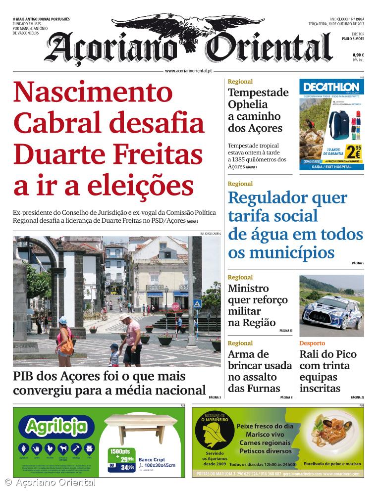 "Nascimento Cabral desafia Duarte Freitas a ir a eleições" é a manchete do Açoriano Oriental – Imagem 1