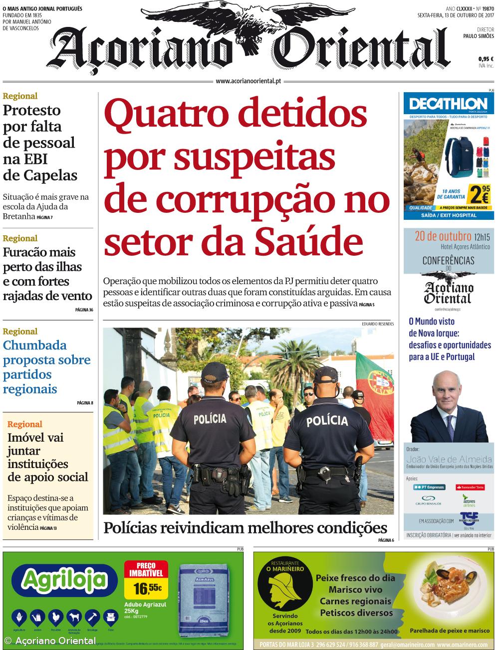 "Quatro detidos por suspeitas de corrupção no setor da Saúde" é a manchete do Açoriano Oriental – Imagem 1