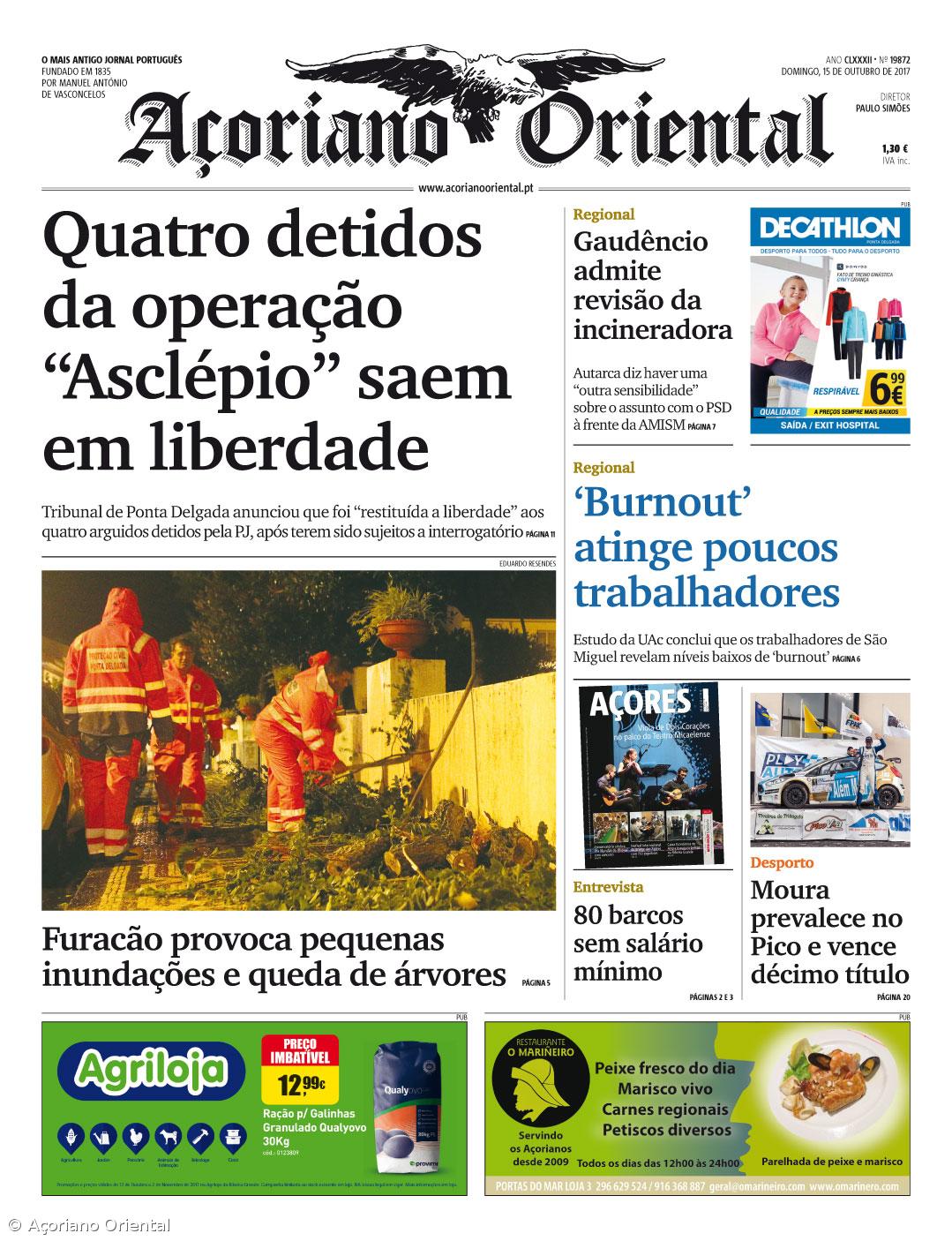 "Quatro detidos da operação 'Asclépio' saem em liberdade" é a manchete do Açoriano Oriental – Imagem 1