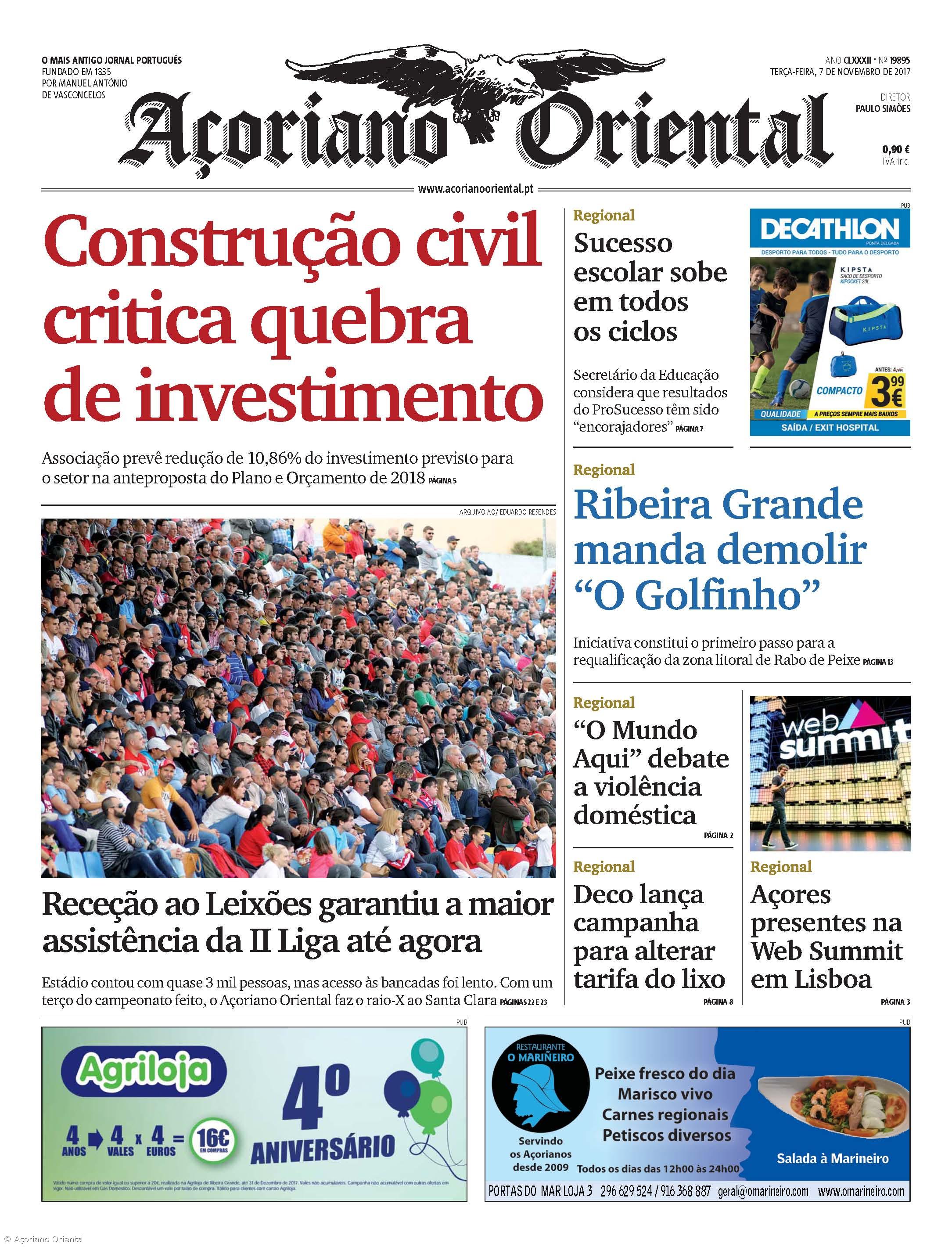 "Construção civil critica quebra de investimento" é a manchete do Açoriano Oriental – Imagem 1