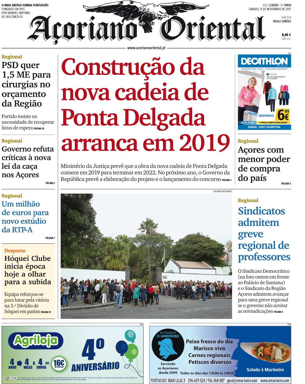 "Construção da nova cadeia de Ponta Delgada arranca em 2019" é a manchete do Açoriano Oriental – Imagem 1