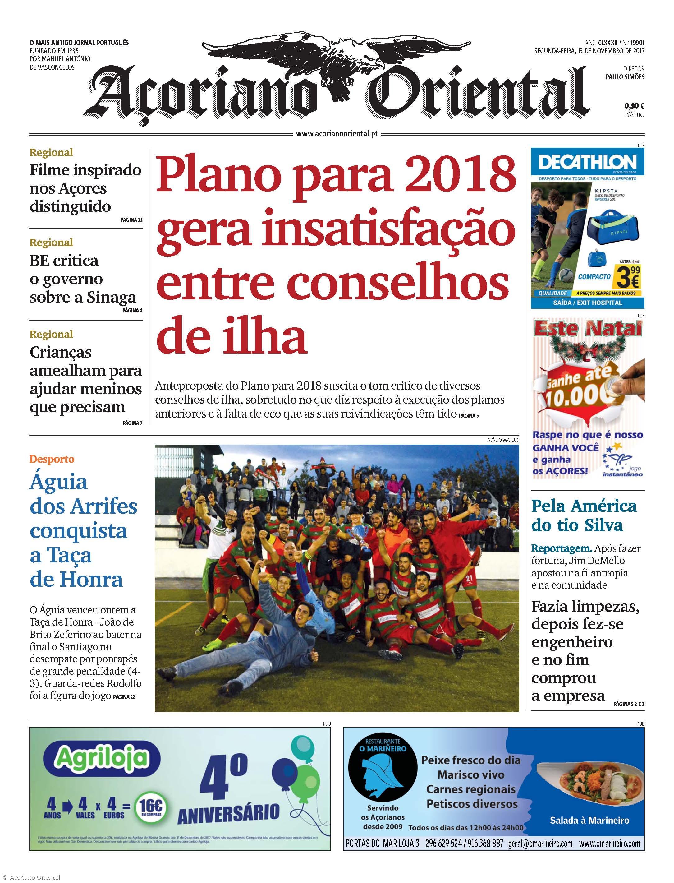 "Plano para 2018 gera insatisfação entre conselhos de ilha" é a manchete do Açoriano Oriental – Imagem 1