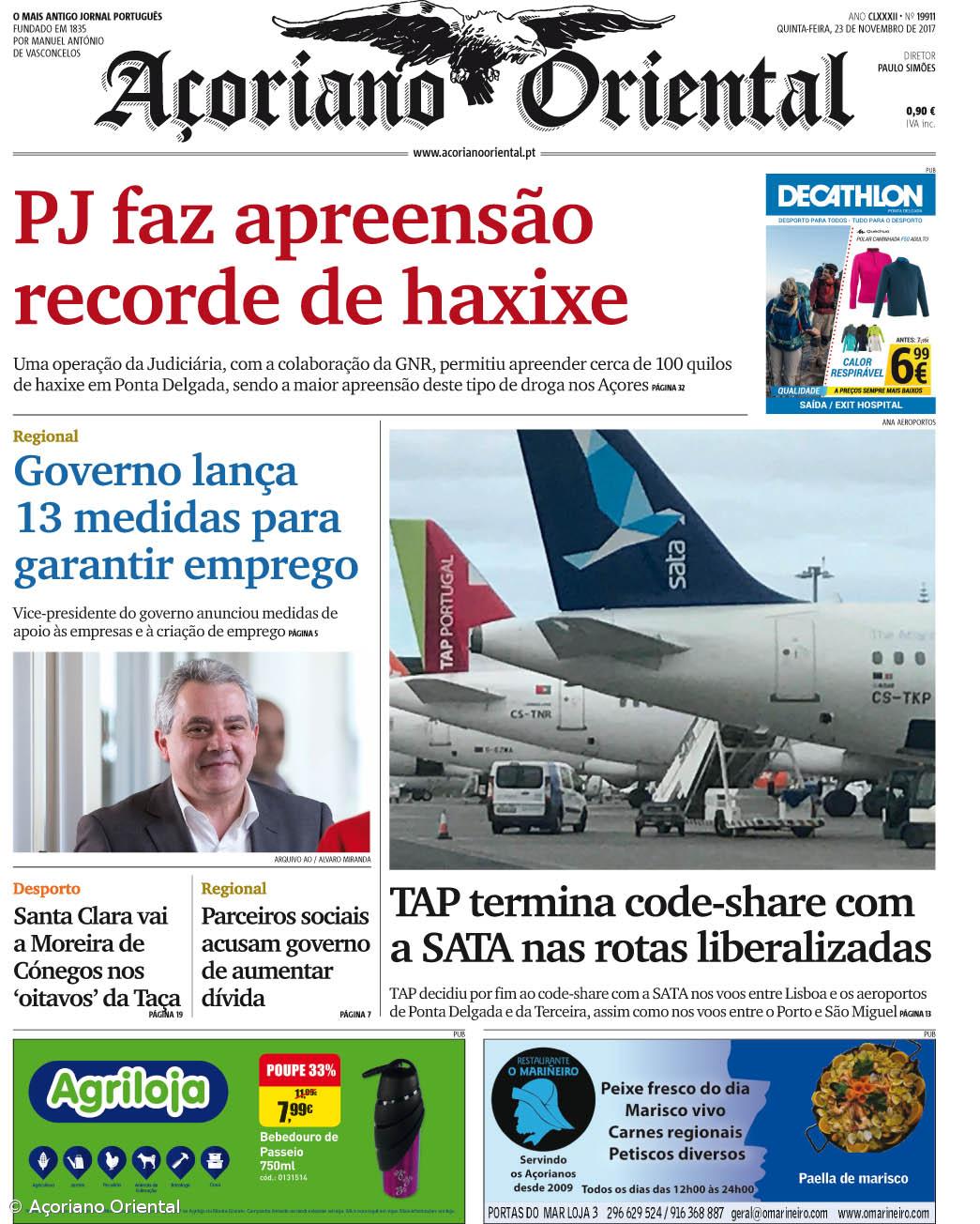 "PJ faz apreensão recorde de haxixe" é a manchete do Açoriano Oriental – Imagem 1