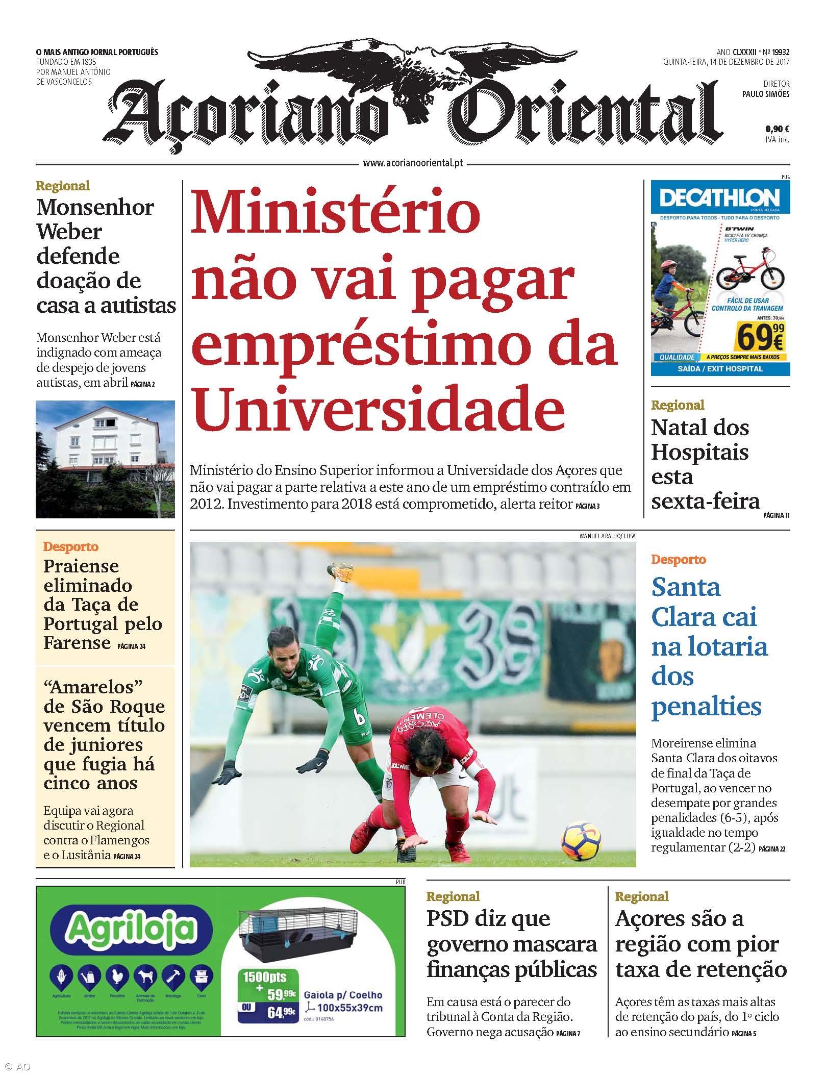 "Ministério não vai pagar empréstimo da Universidade" é a manchete do Açoriano Oriental – Imagem 1