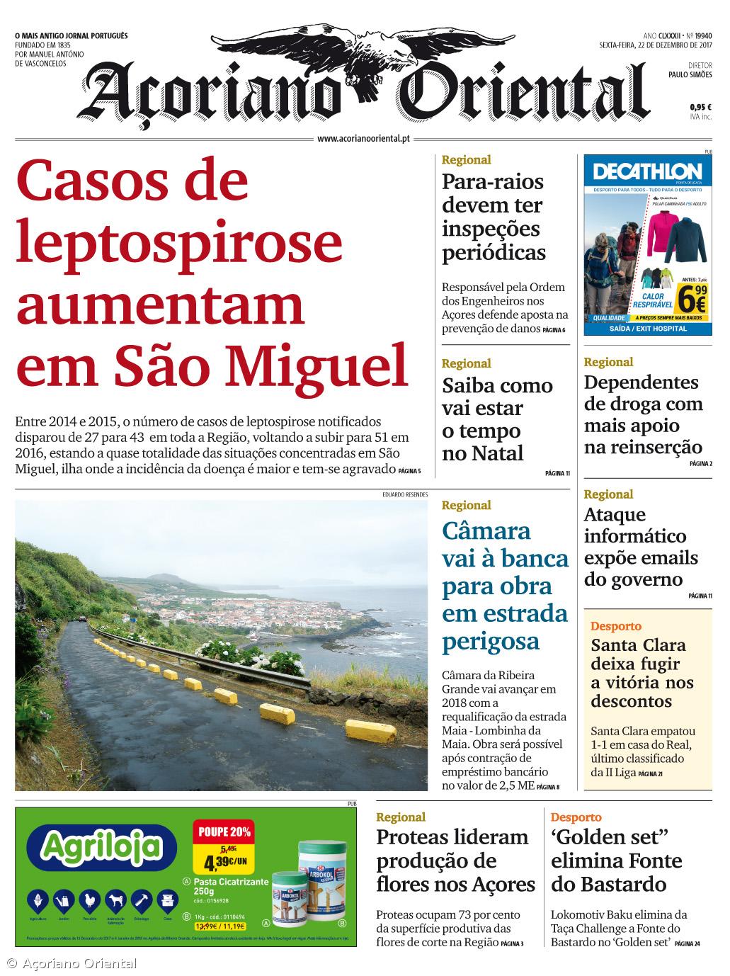 "Casos de leptospirose aumentam em São Miguel" é a manchete do Açoriano Oriental – Imagem 1