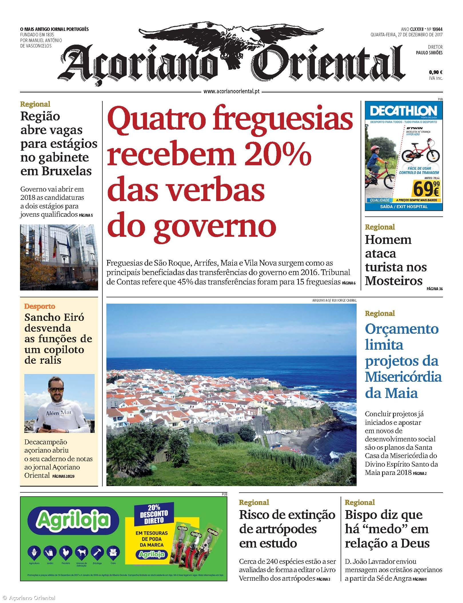 "Quatro freguesias recebem 20% das verbas do governo" é a manchete do Açoriano Oriental – Imagem 1