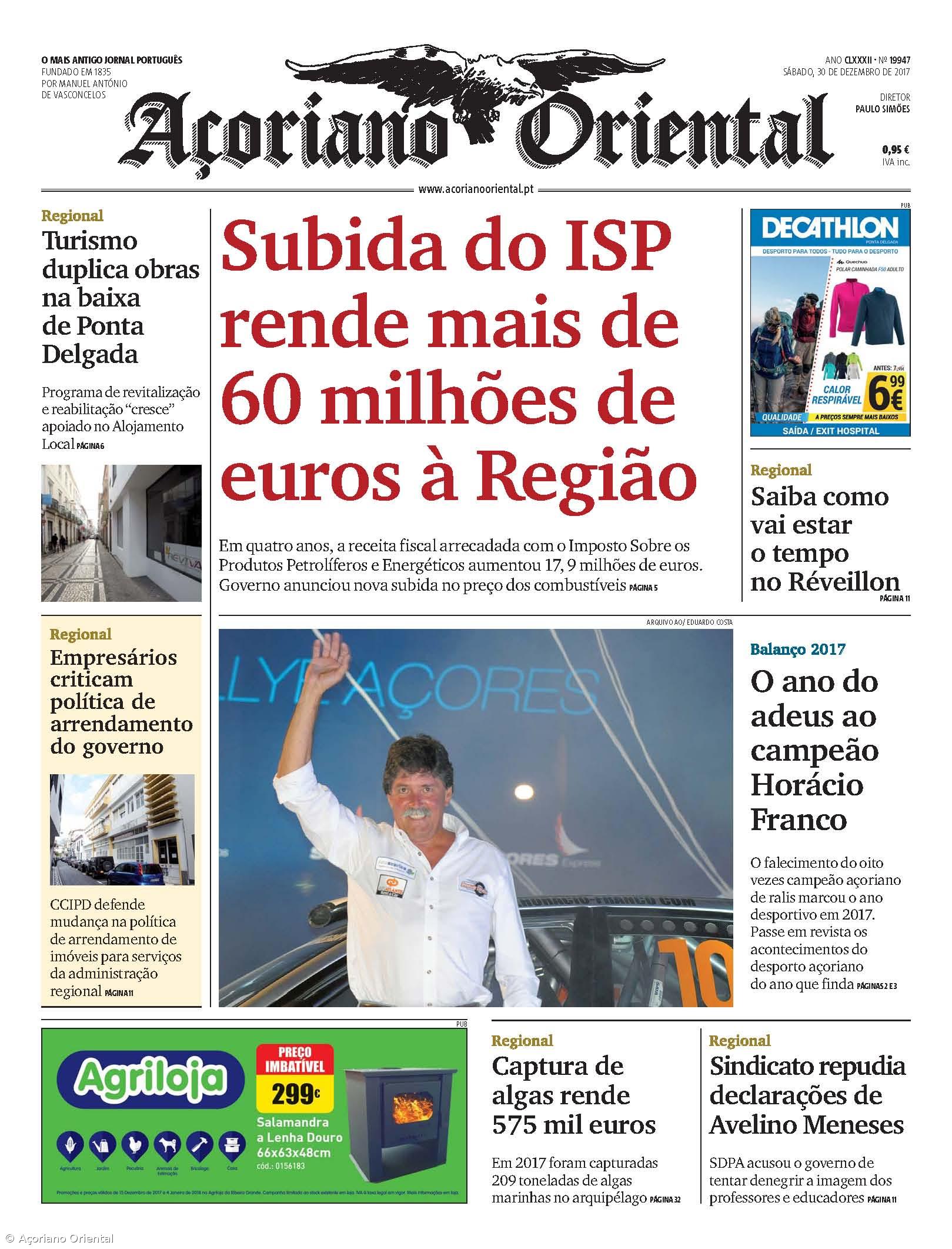 "Subida do ISP rende mais de 60 milhões de euros à Região" é a manchete do Açoriano Oriental – Imagem 1