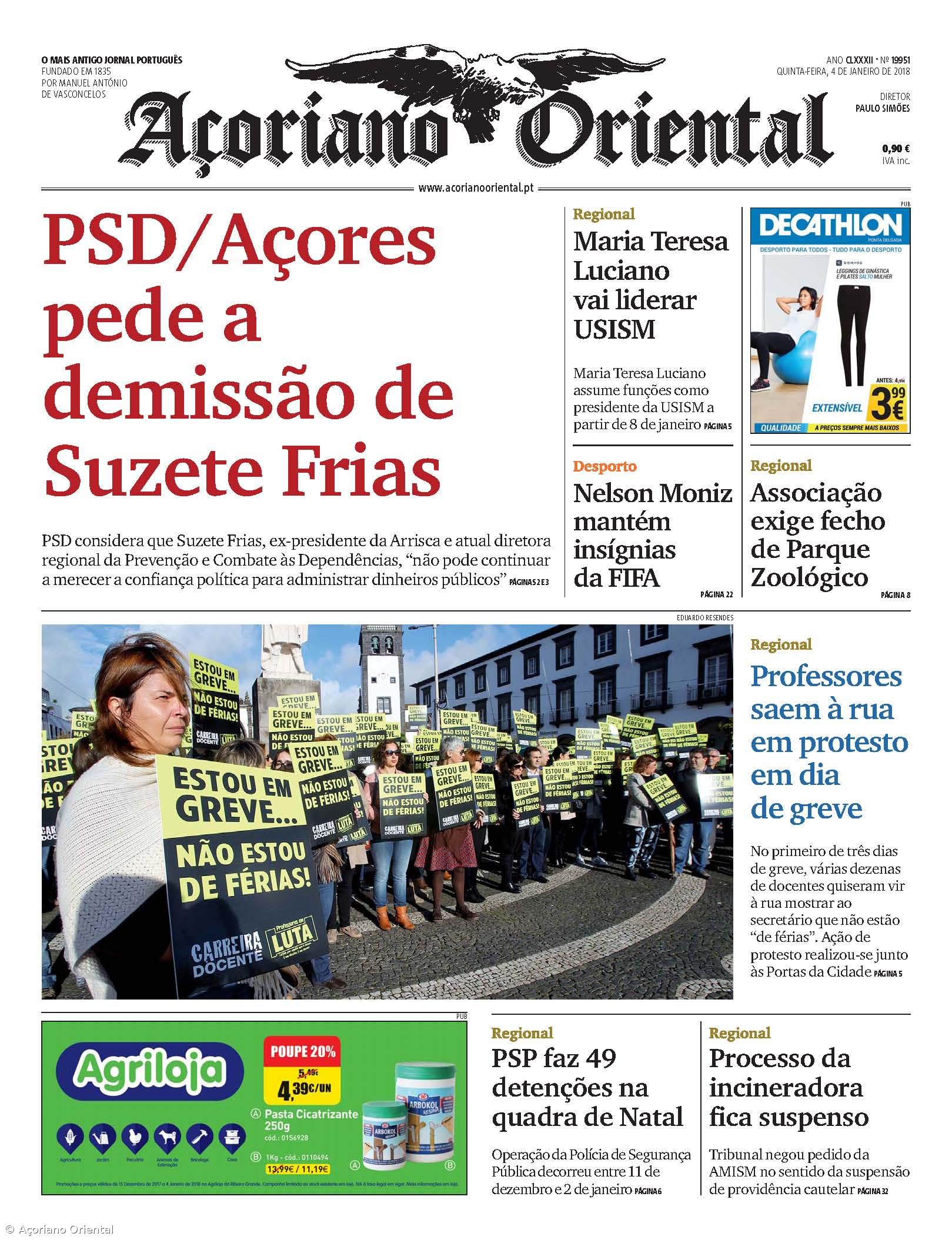 "PSD/Açores pede a demissão de Suzete Frias" é a manchete do Açoriano Oriental – Imagem 1
