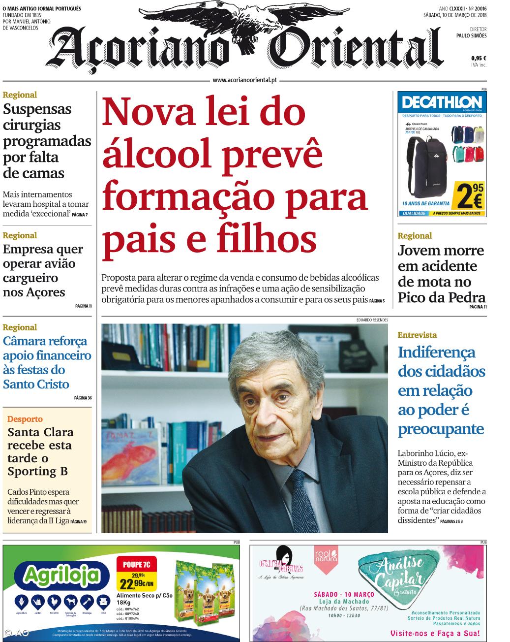 "Nova lei do álcool prevê formação para pais e filhos" é a manchete do Açoriano Oriental – Imagem 1