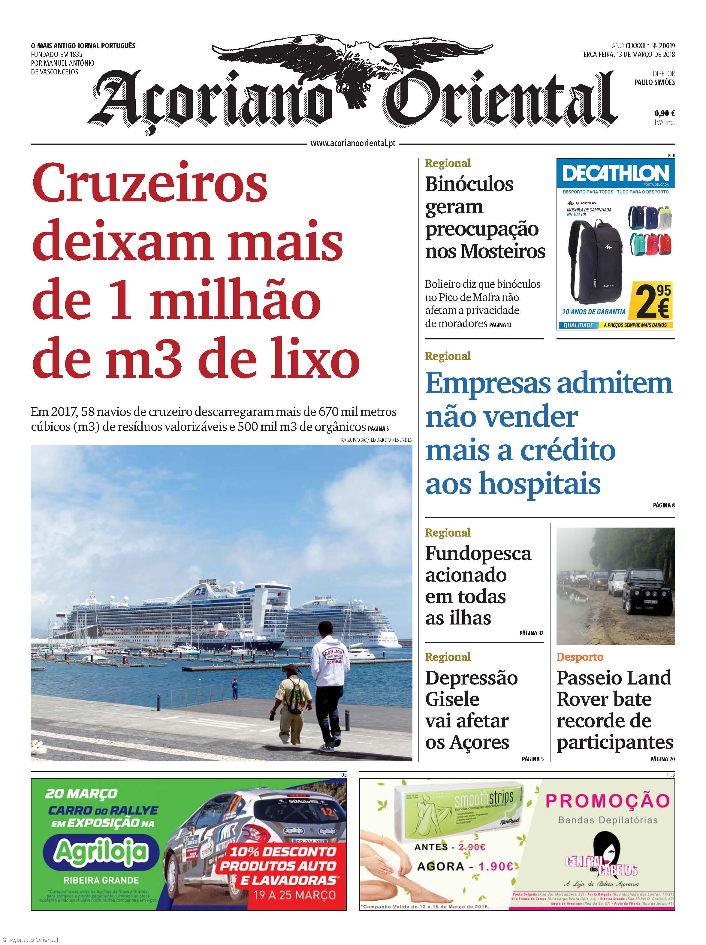 "Cruzeiros deixam mais de 1 milhão de m3 de lixo" é a manchete do Açoriano Oriental – Imagem 1