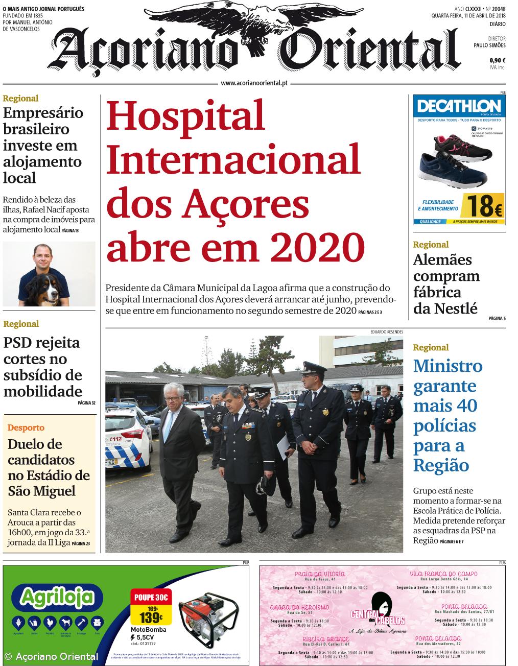 "Hospital Internacional dos Açores abre em 2020" é a manchete do Açoriano Oriental – Imagem 1