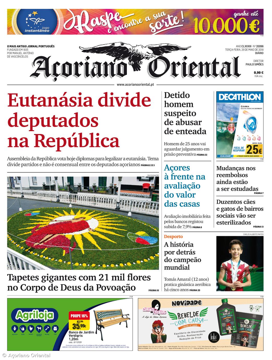"Eutanásia divide deputados na República" é a manchete do Açoriano Oriental – Imagem 1