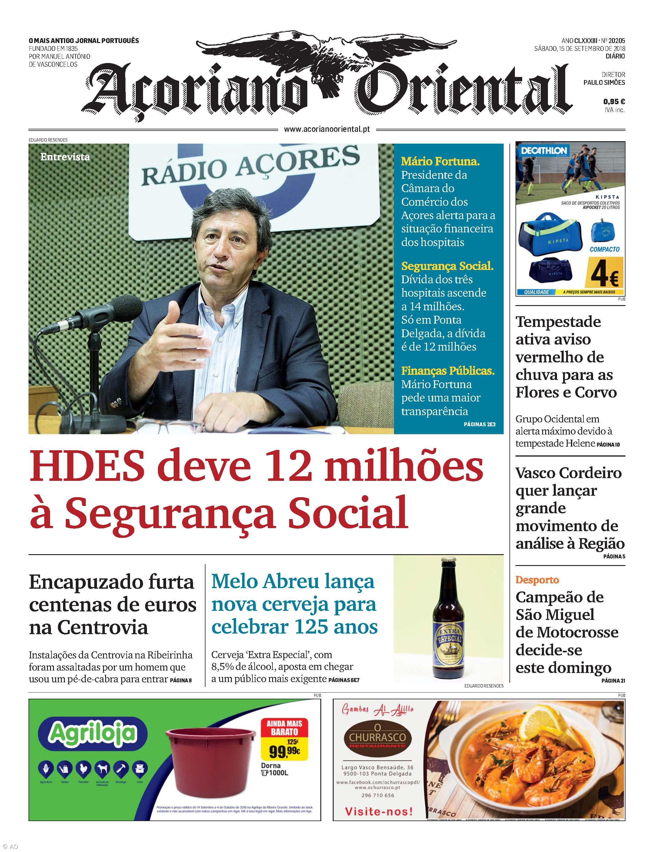 "HDES deve 12 milhões à Segurança Social" é a manchete do Açoriano Oriental – Imagem 1