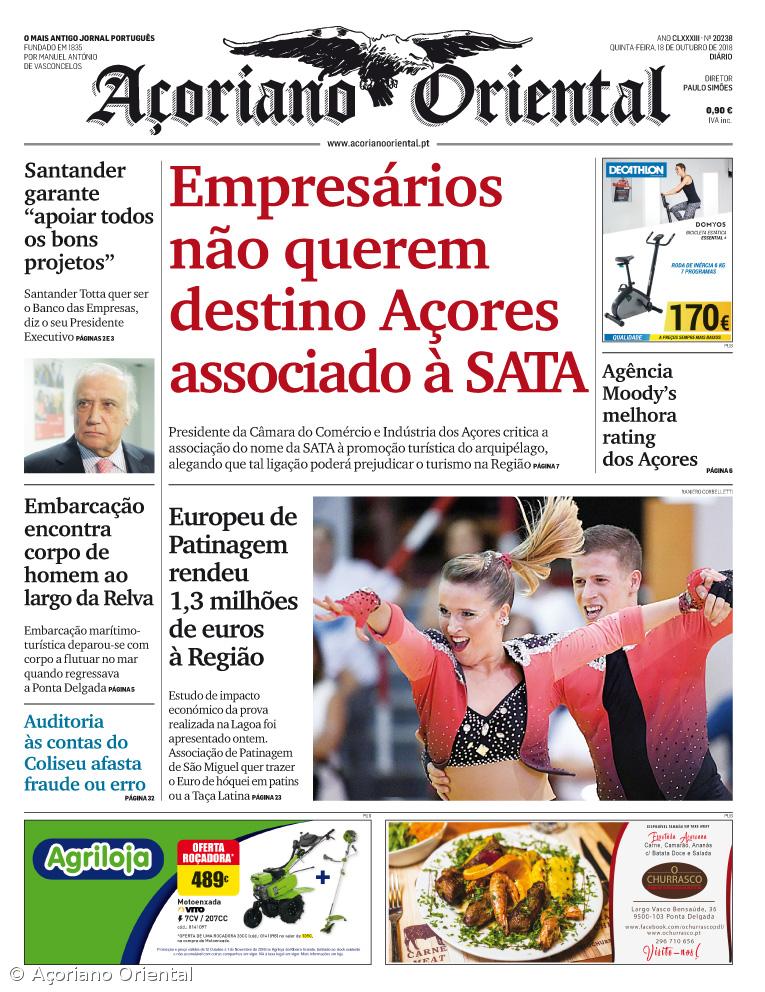 "Empresários não querem destino Açores associado à SATA" é a manchete do Açoriano Oriental – Imagem 1