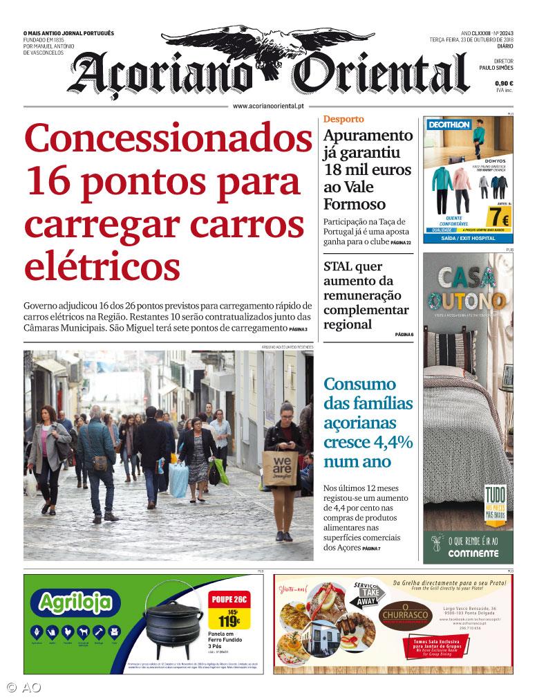 "Concessionados 16 pontos para carregar carros elétricos" é a manchete do Açoriano Oriental – Imagem 1