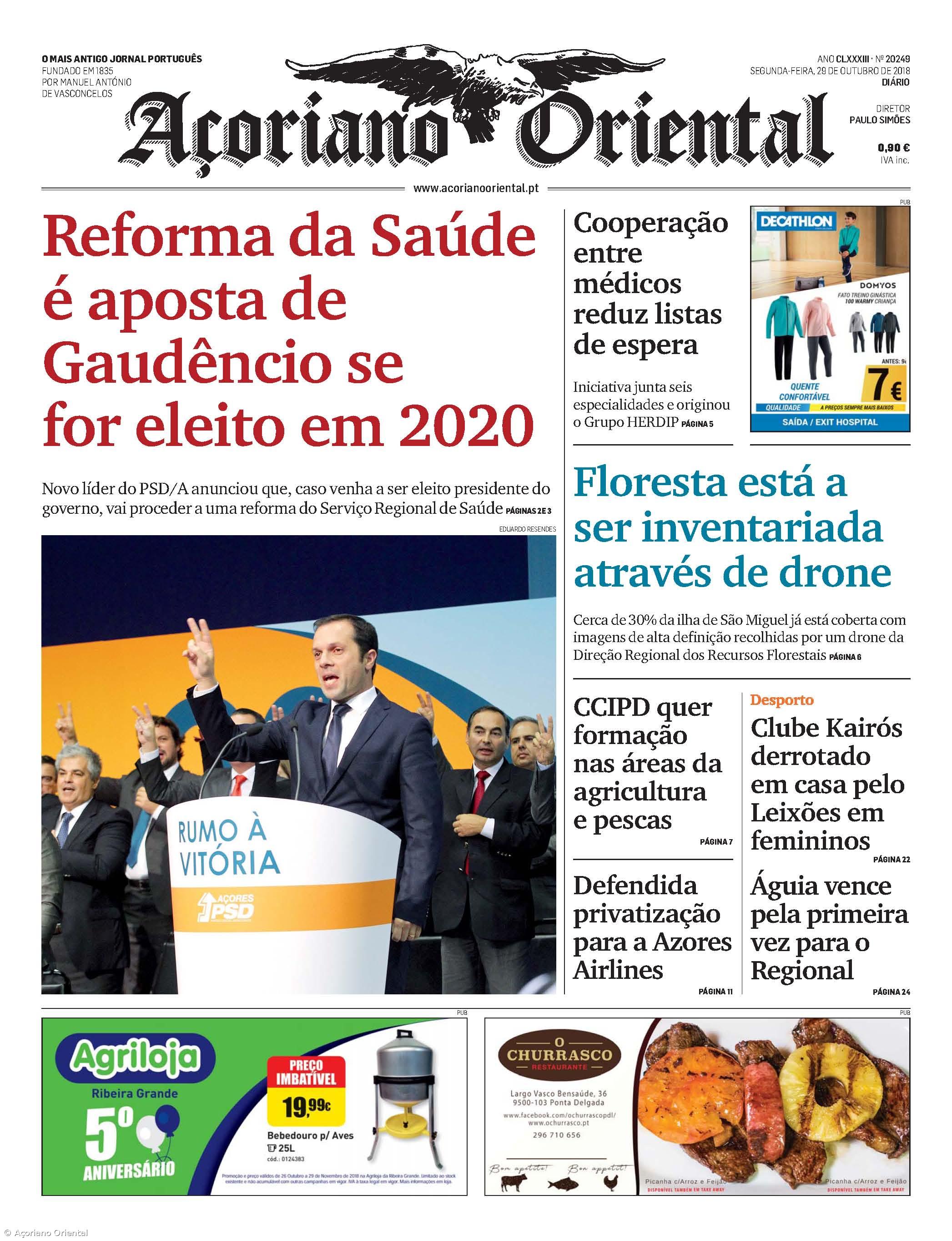 "Reforma da Saúde é aposta de Gaudêncio se for eleito em 2020" é a manchete do Açoriano Oriental  – Imagem 1