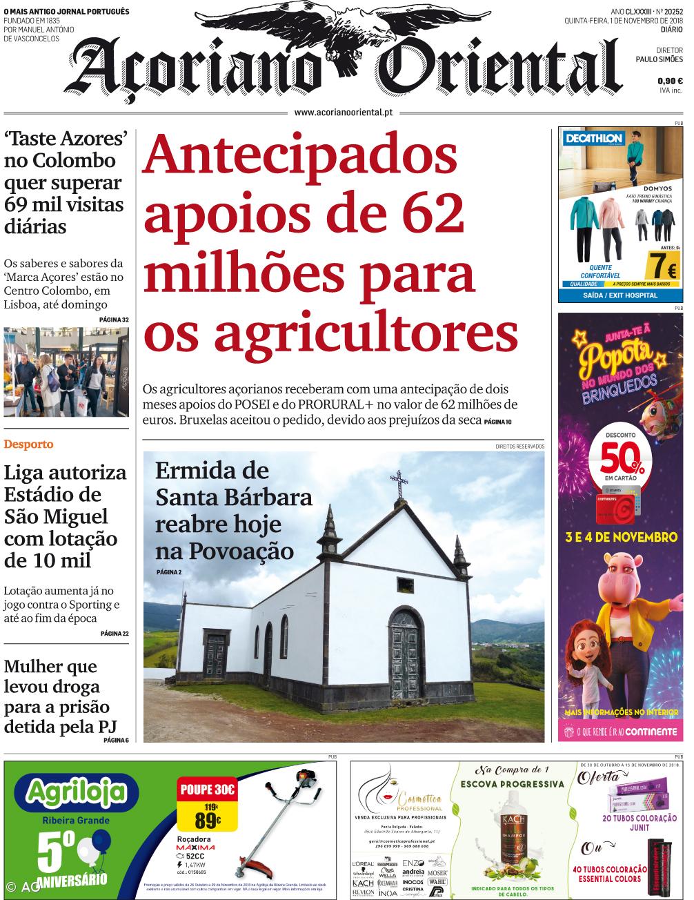 "Antecipados apoios de 62 milhões para os agricultores" é a manchete do Açoriano Oriental – Imagem 1