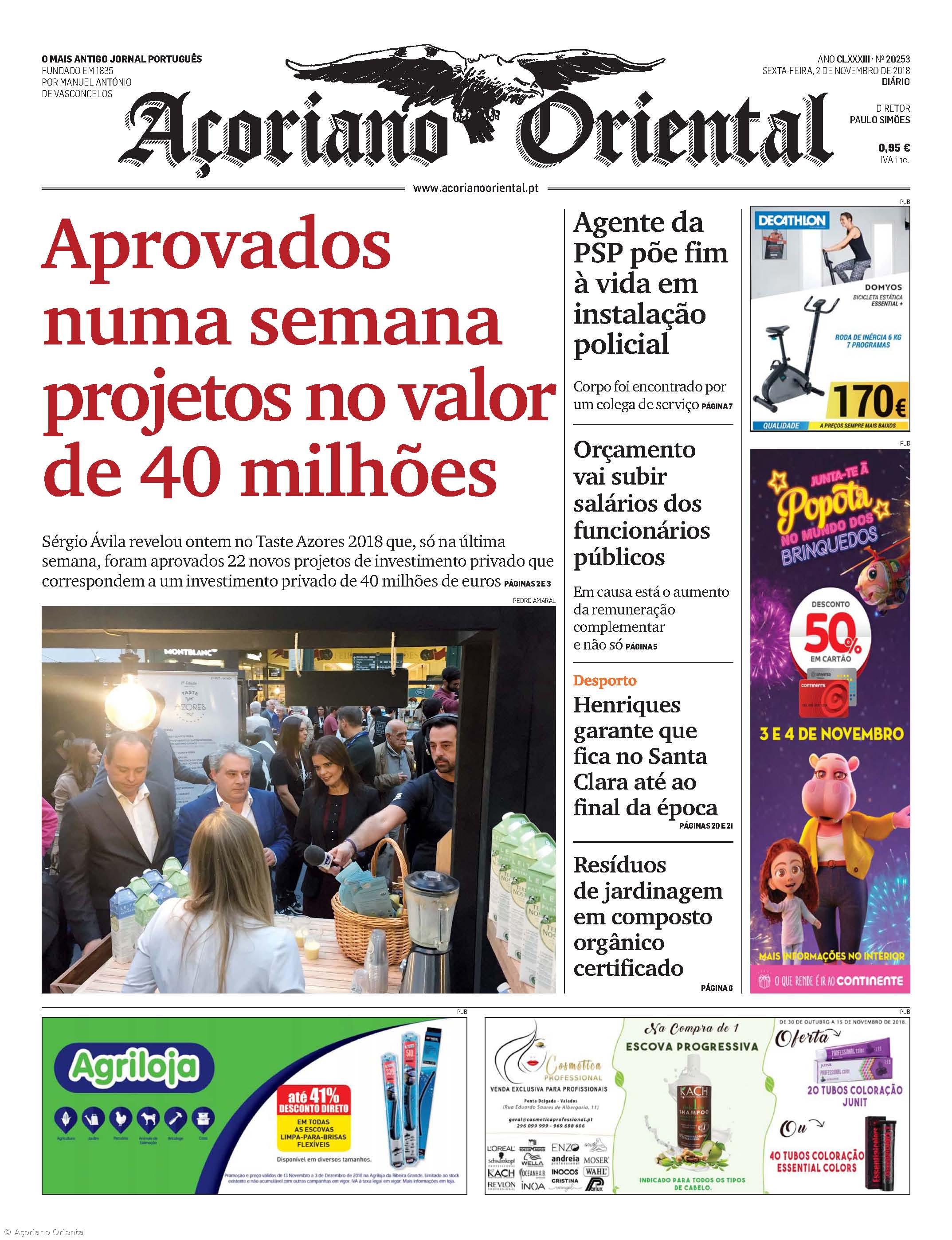 "Aprovados numa semana projetos no valor de 40 milhões" é a manchete do Açoriano Oriental – Imagem 1