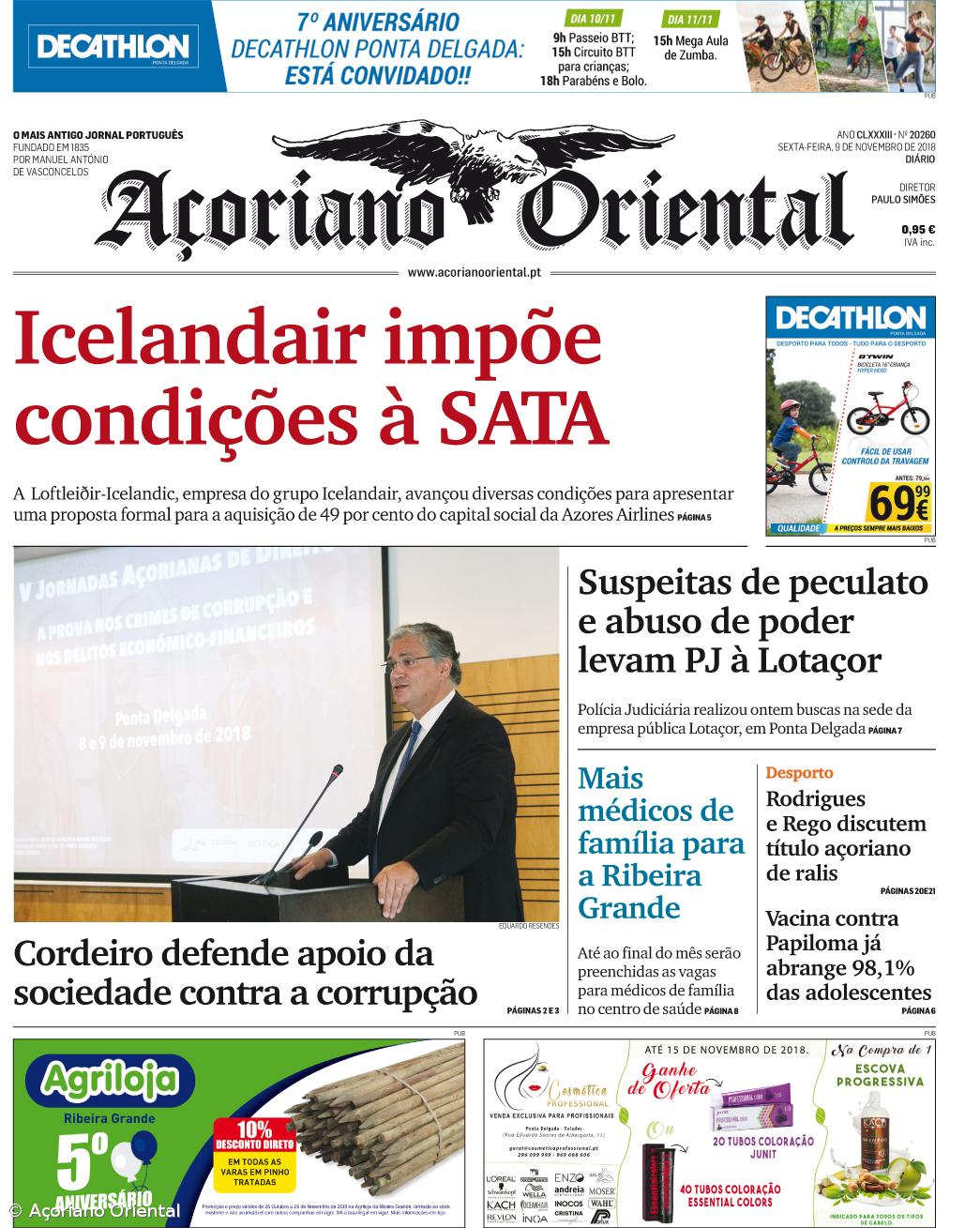 "Icelandair impõe condições à SATA" é a manchete do Açoriano Oriental – Imagem 1