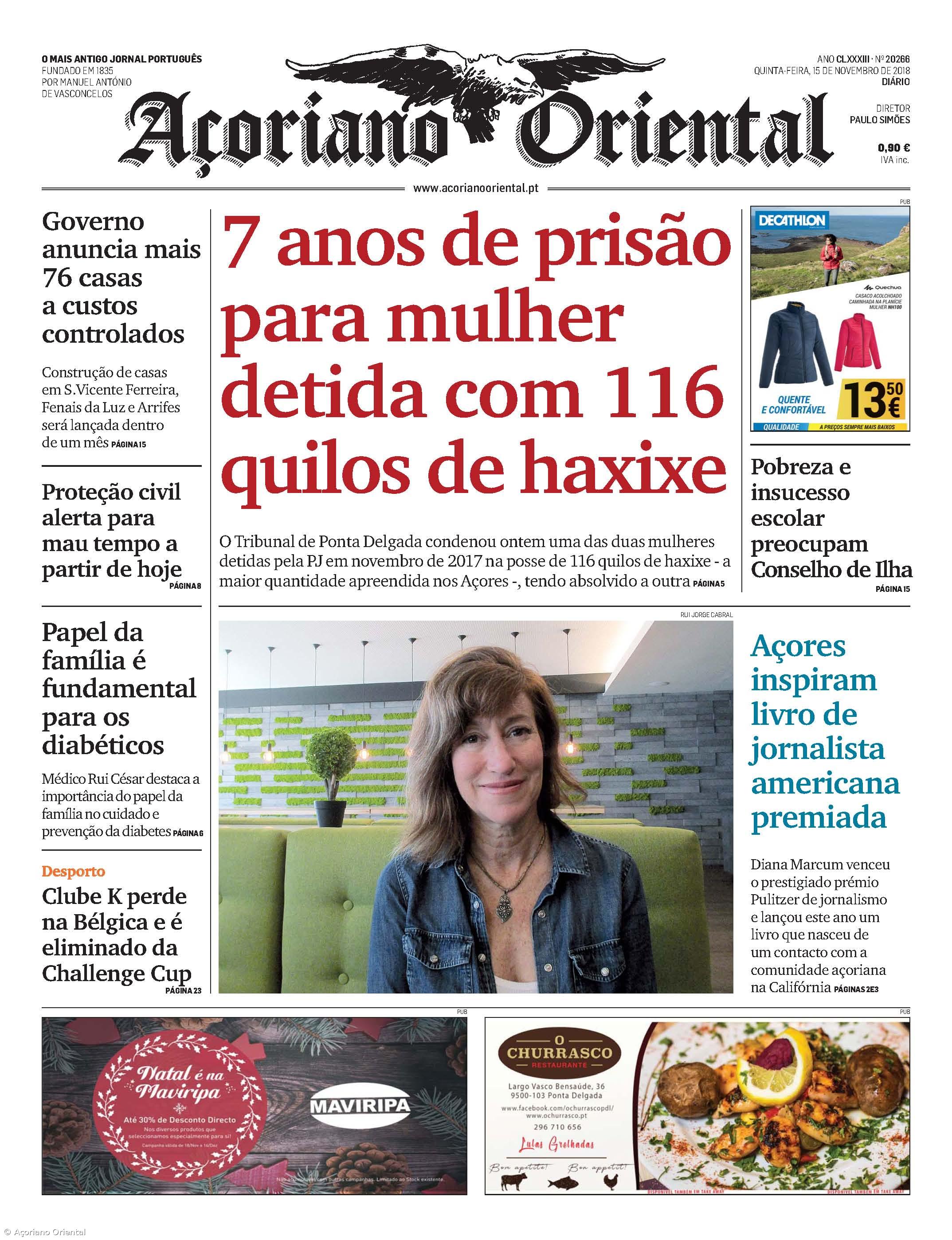 "Sete anos de prisão para mulher detida com 116 quilos de haxixe" é a manchete do Açoriano Oriental – Imagem 1