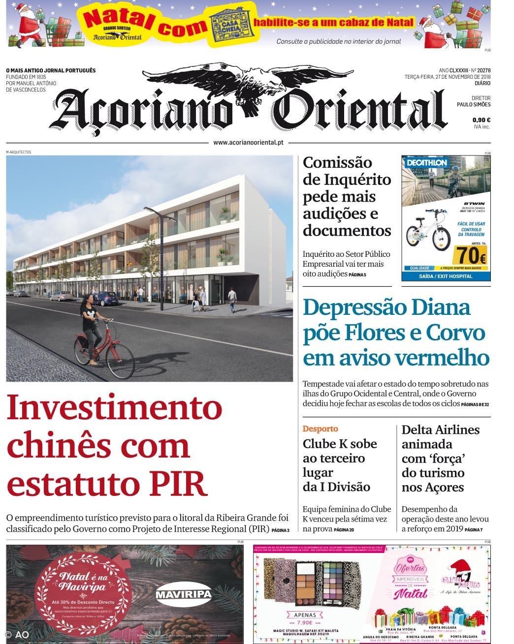 "Investimento chinês com estatuto PIR" é a manchete do Açoriano Oriental – Imagem 1