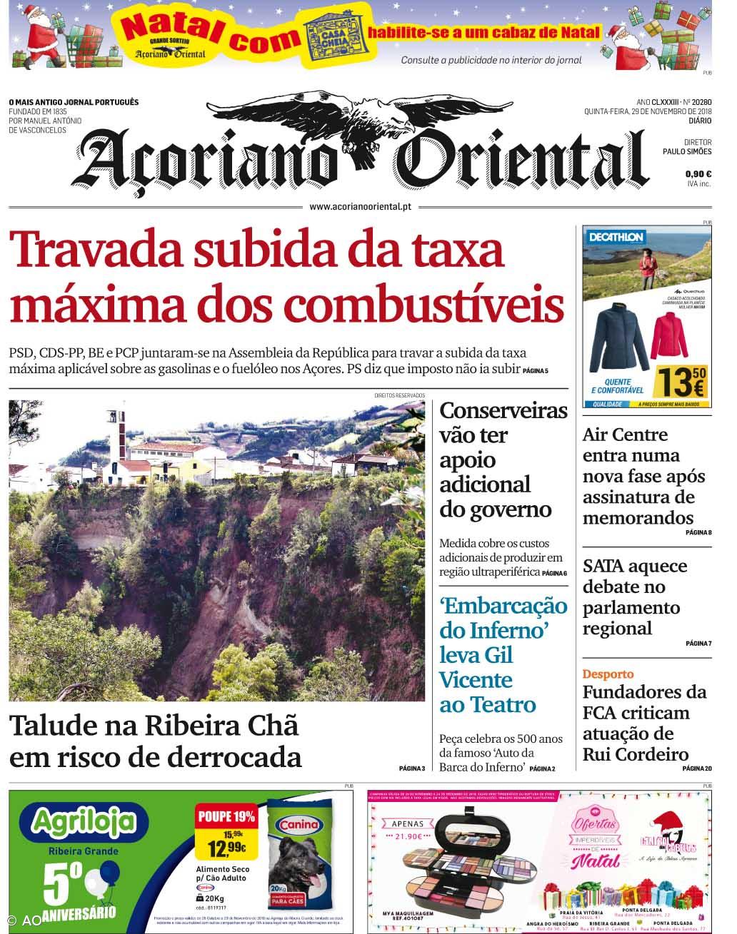 "Travada subida da taxa máxima dos combustíveis" é a manchete do Açoriano Oriental – Imagem 1