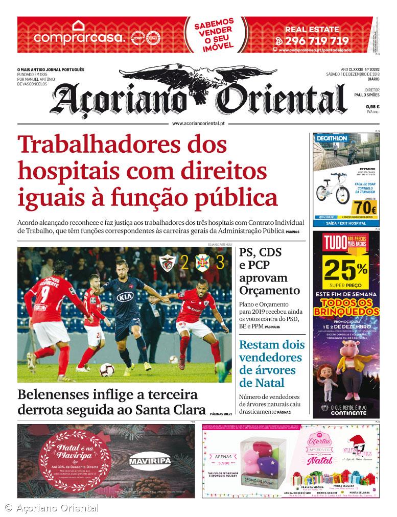 "Trabalhadores dos hospitais com direitos iguais à função pública" é a manchete do Açoriano Oriental – Imagem 1