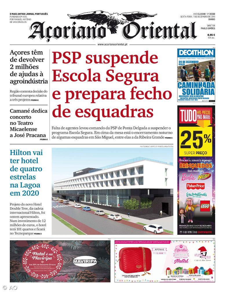 "PSP suspende Escola Segura e prepara fecho de esquadras" é a manchete do Açoriano Oriental – Imagem 1