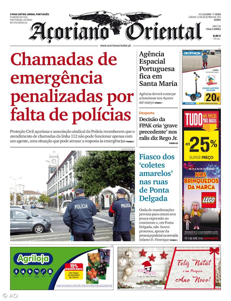 "Chamadas de emergência penalizadas por falta de polícias" é a manchete do Açoriano Oriental – Imagem 1