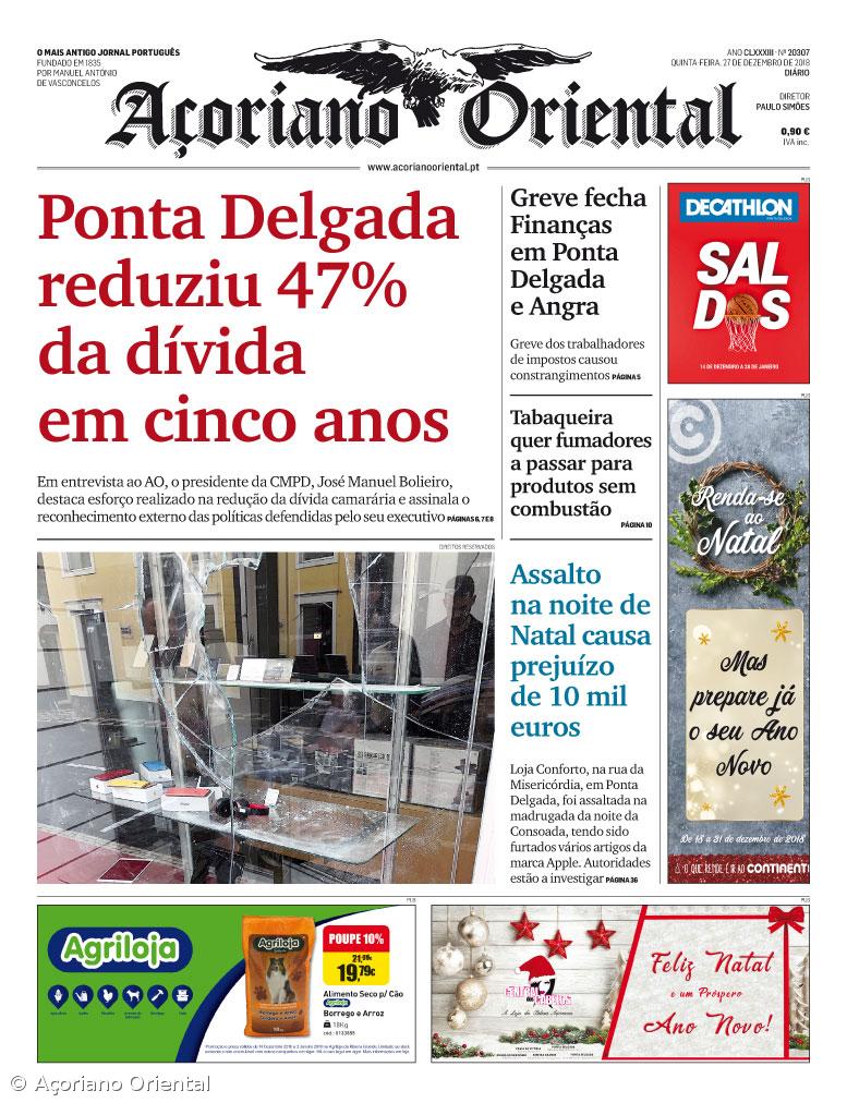 "Ponta Delgada reduziu 47% da dívida em cinco anos" é a manchete do Açoriano Oriental – Imagem 1