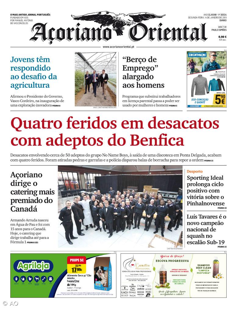 "Quatro feridos em desacatos com adeptos do Benfica" é a manchete do Açoriano Oriental – Imagem 1