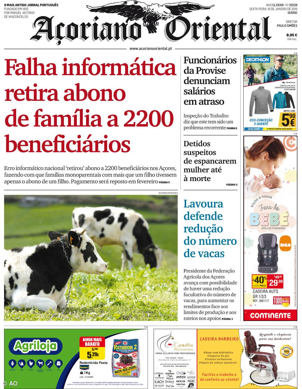 "Falha informática retira abono de família a 2200 beneficiários" é a manchete do Açoriano Oriental – Imagem 1