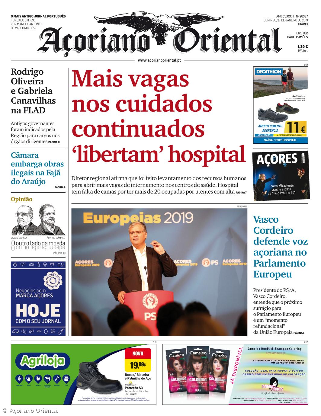 "Mais vagas nos cuidados continuados 'libertam' hospital" é a manchete do Açoriano Oriental – Imagem 1