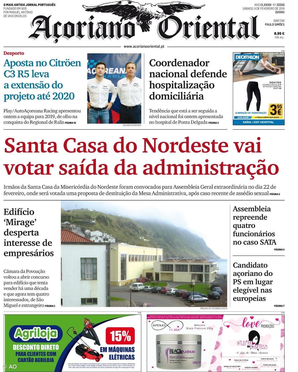 "Santa Casa do Nordeste vai votar saída da administração" é a manchete do Açoriano Oriental – Imagem 1