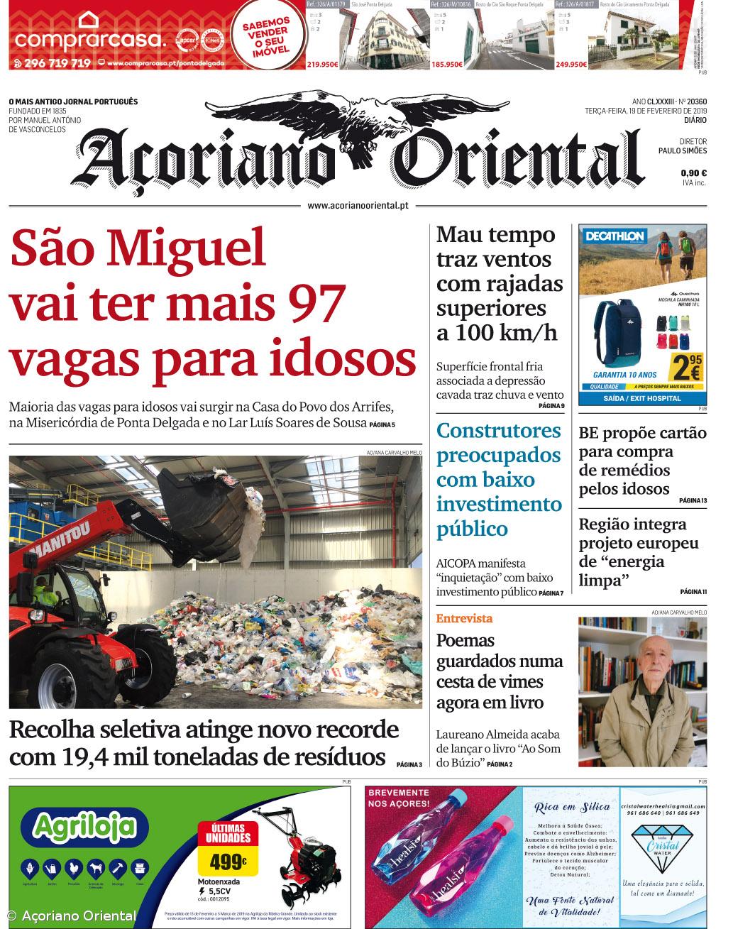 "São Miguel vai ter mais 97 vagas para idosos" é a manchete do Açoriano Oriental – Imagem 1