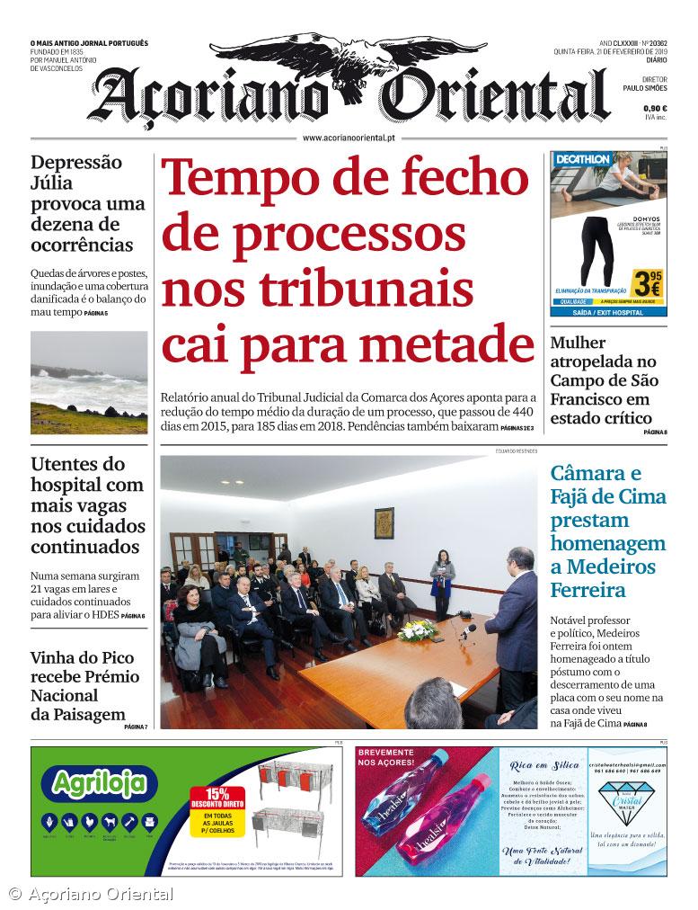 "Tempo de fecho de processos nos tribunais cai para metade" é a manchete do Açoriano Oriental – Imagem 1
